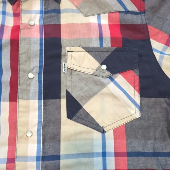 Levi's Men's Medium Short Sleeve Flannel Shirt Blue Red Plaid Button Up - Picture 3 of 5